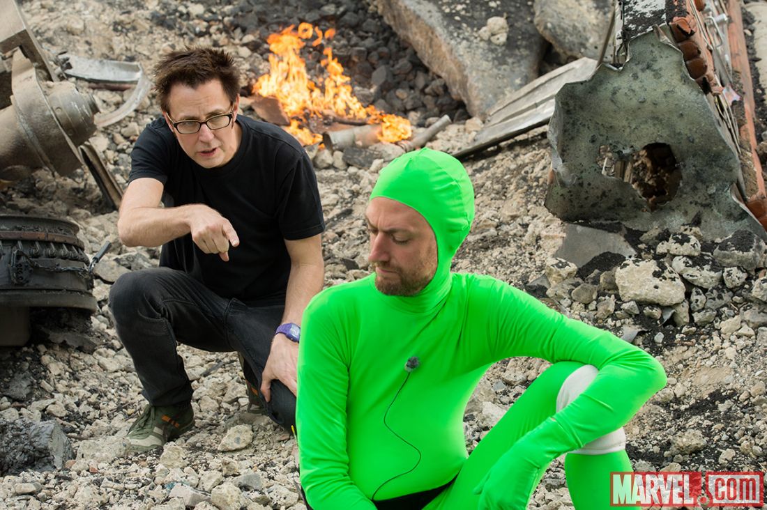 James Gunn directing his brother brother Sean Gunn filling in for the CGI Rocket in Marvel's 'Guardians of the Galaxy' (image: Marvel)