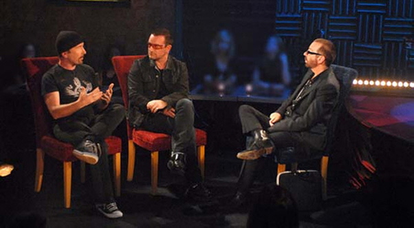 Stewart interviews Bono and the Edge in the pilot episode of 'Off the Record.